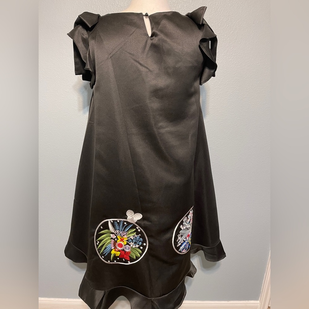 Black Embroidered Floral Dress Ruffle Sleeve Silk Blend Shift Artsy Boho XL - Picture 3 of 9